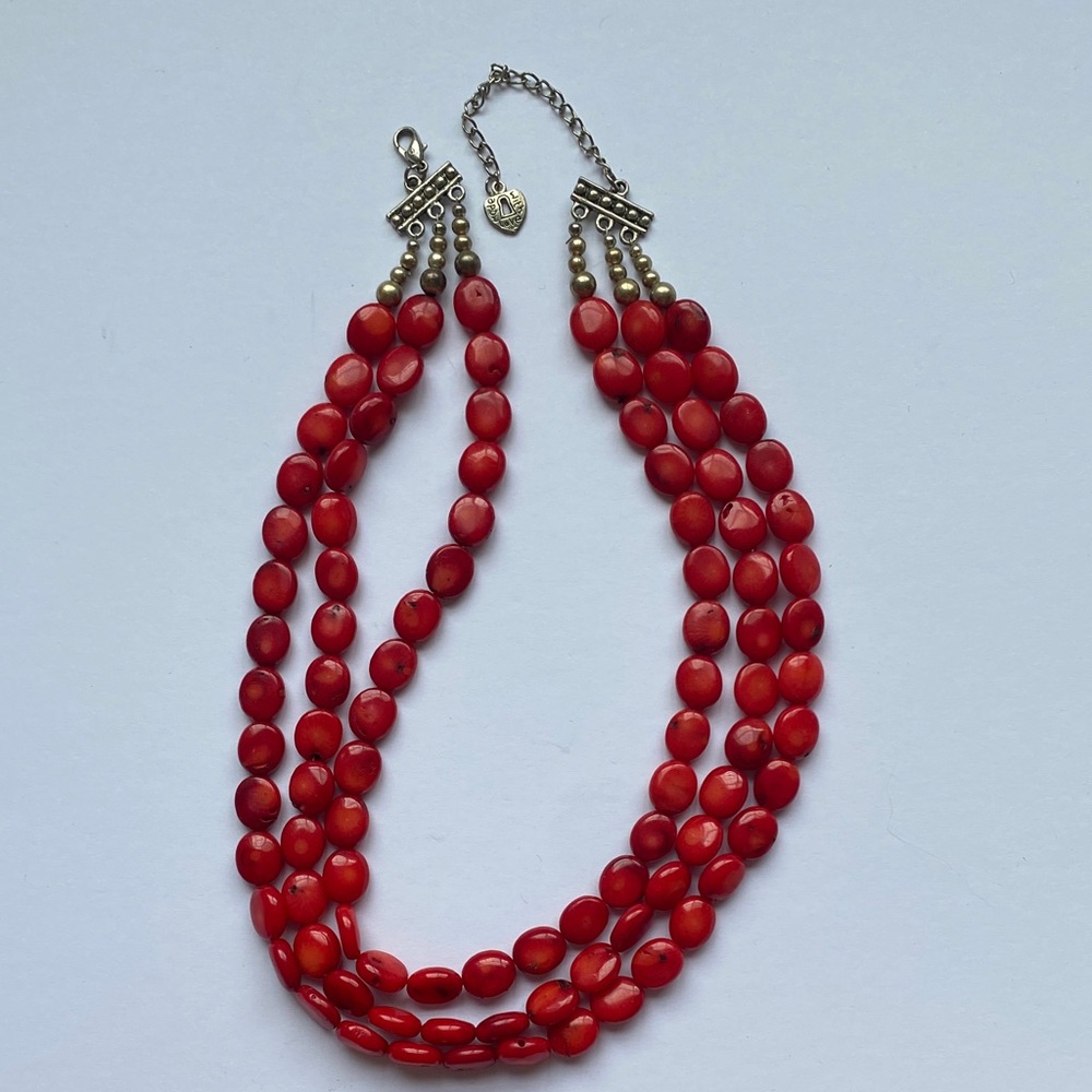 Three Strand Red Beaded Necklace